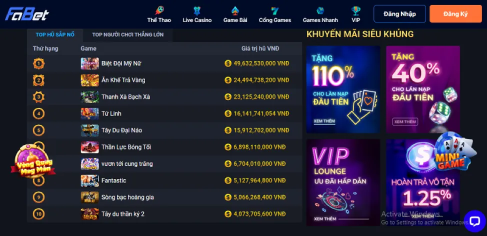 Tỷ lệ trả thưởng cao sảnh Lô Đề fv99